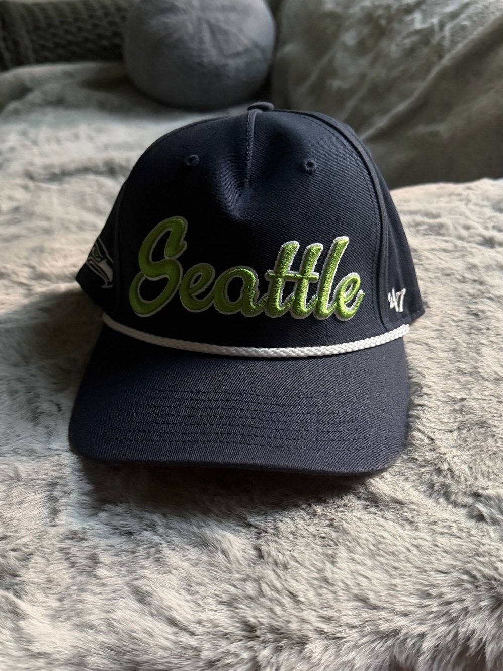 47 Seattle Script Cap in Navy with Lime Green Stitching